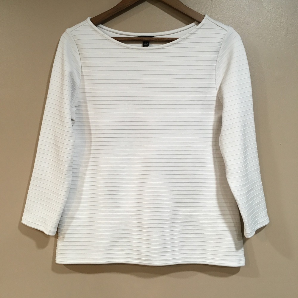 Ann Taylor Heavyweight Boatneck 3/4 Sleeve Top Womens M White Coastal Minimalist